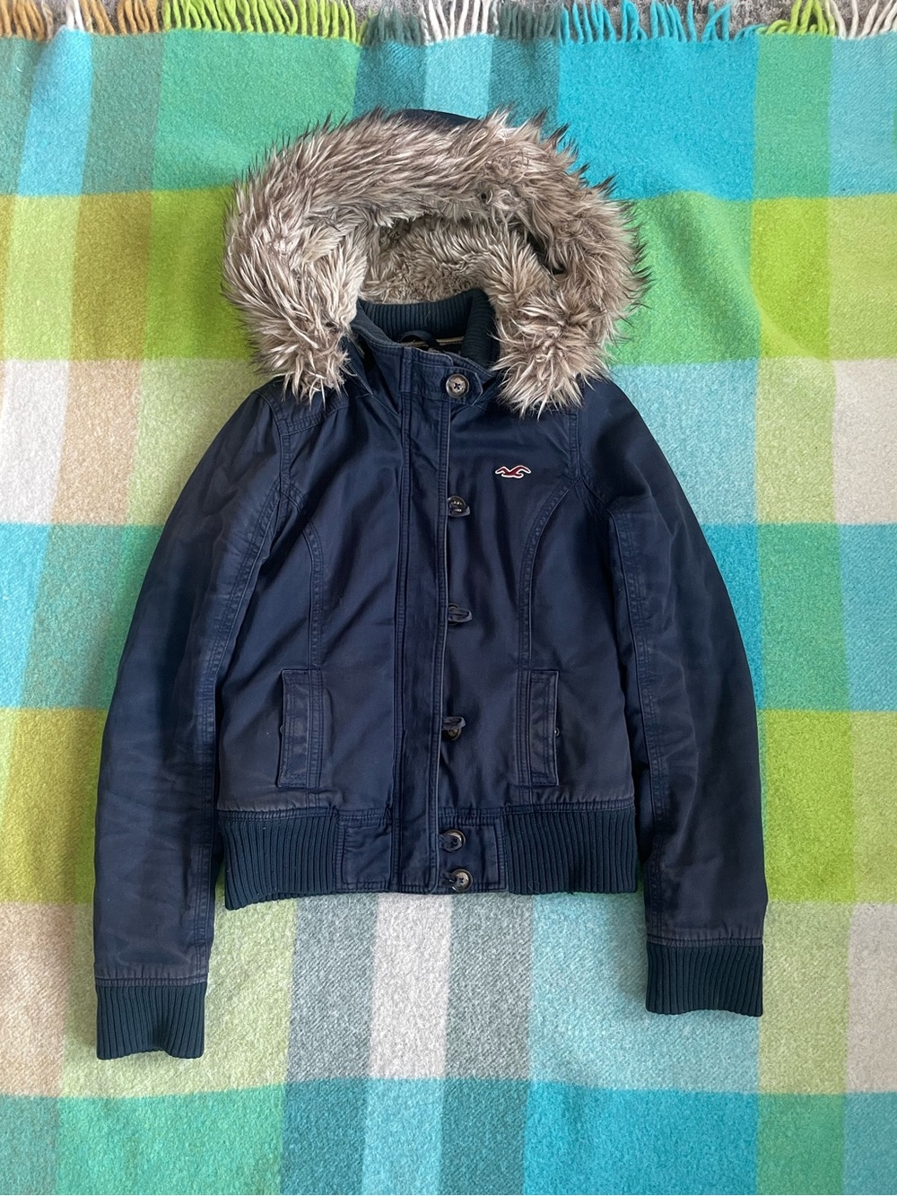 Y2K Hollister Navy Blue Sherpa Lined Bomber Jacket Faux Fur Hood Women’s